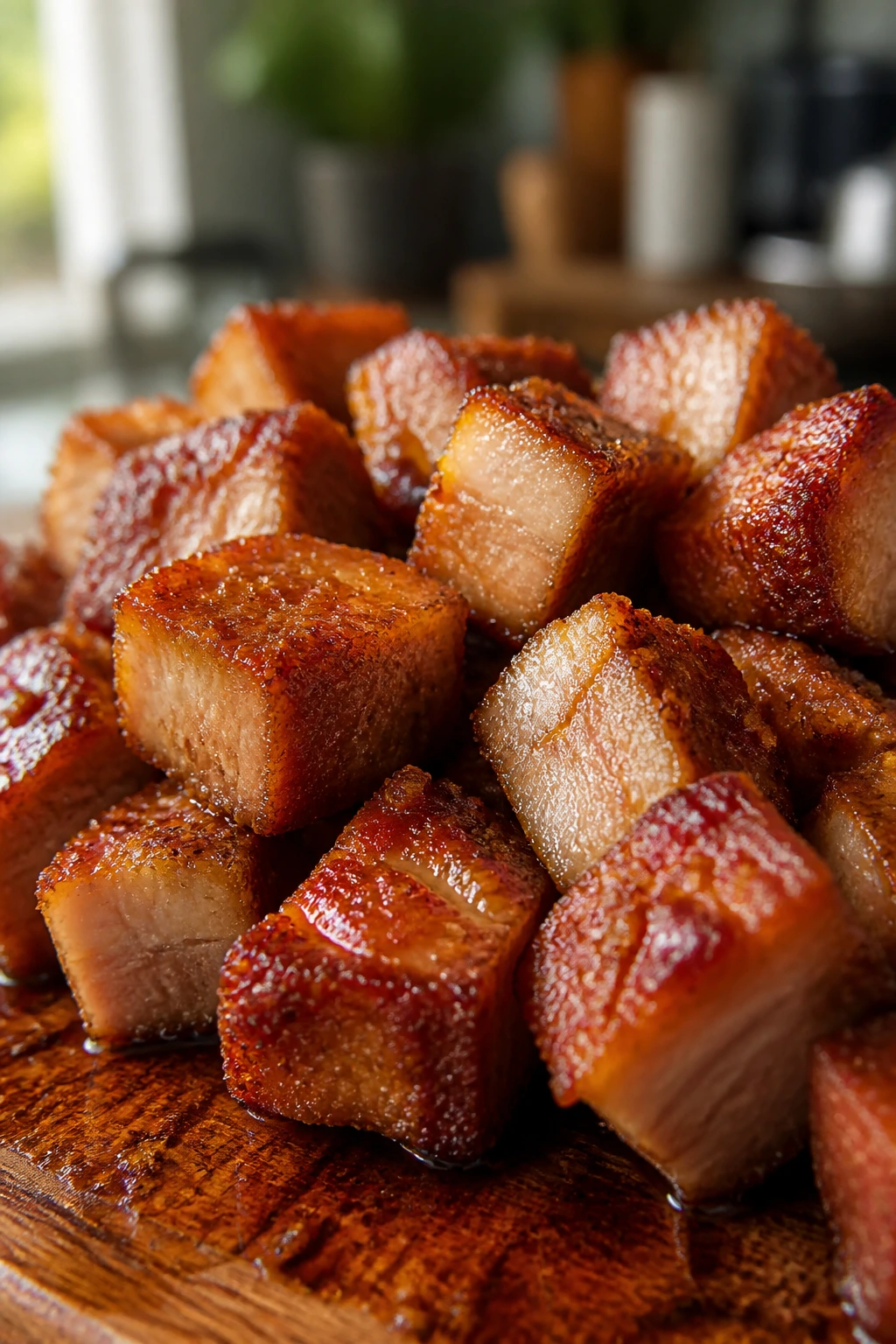 Close-up of crispy air-fried pork with golden crust on a wooden board