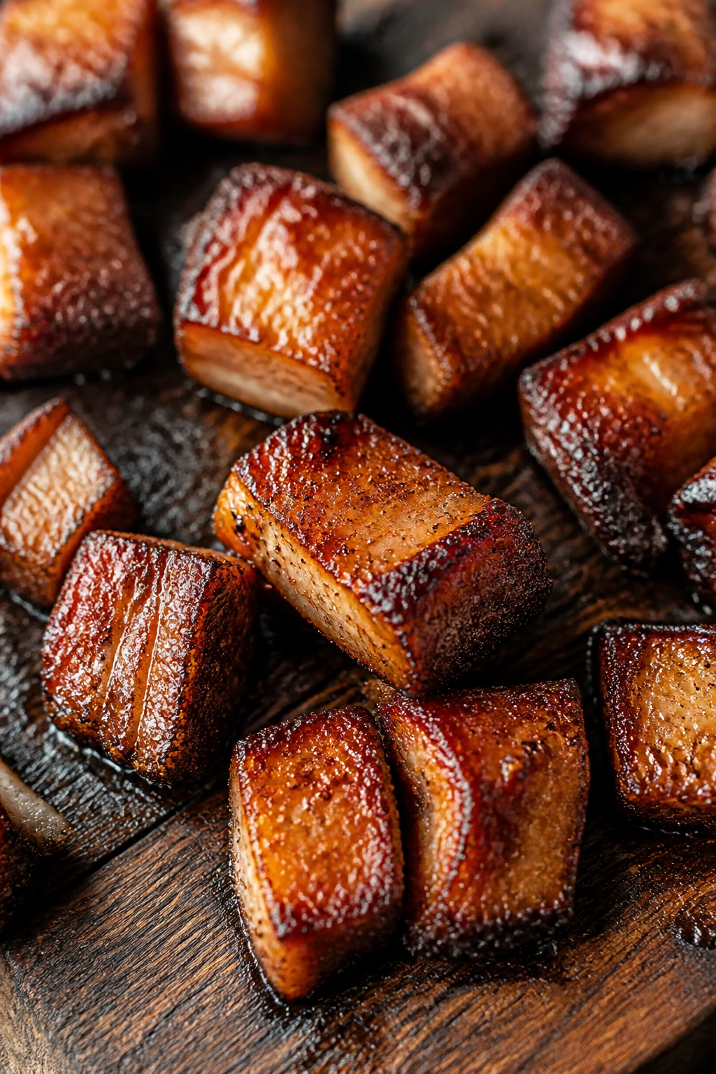 Glossy crust on cubed pork against dark wood