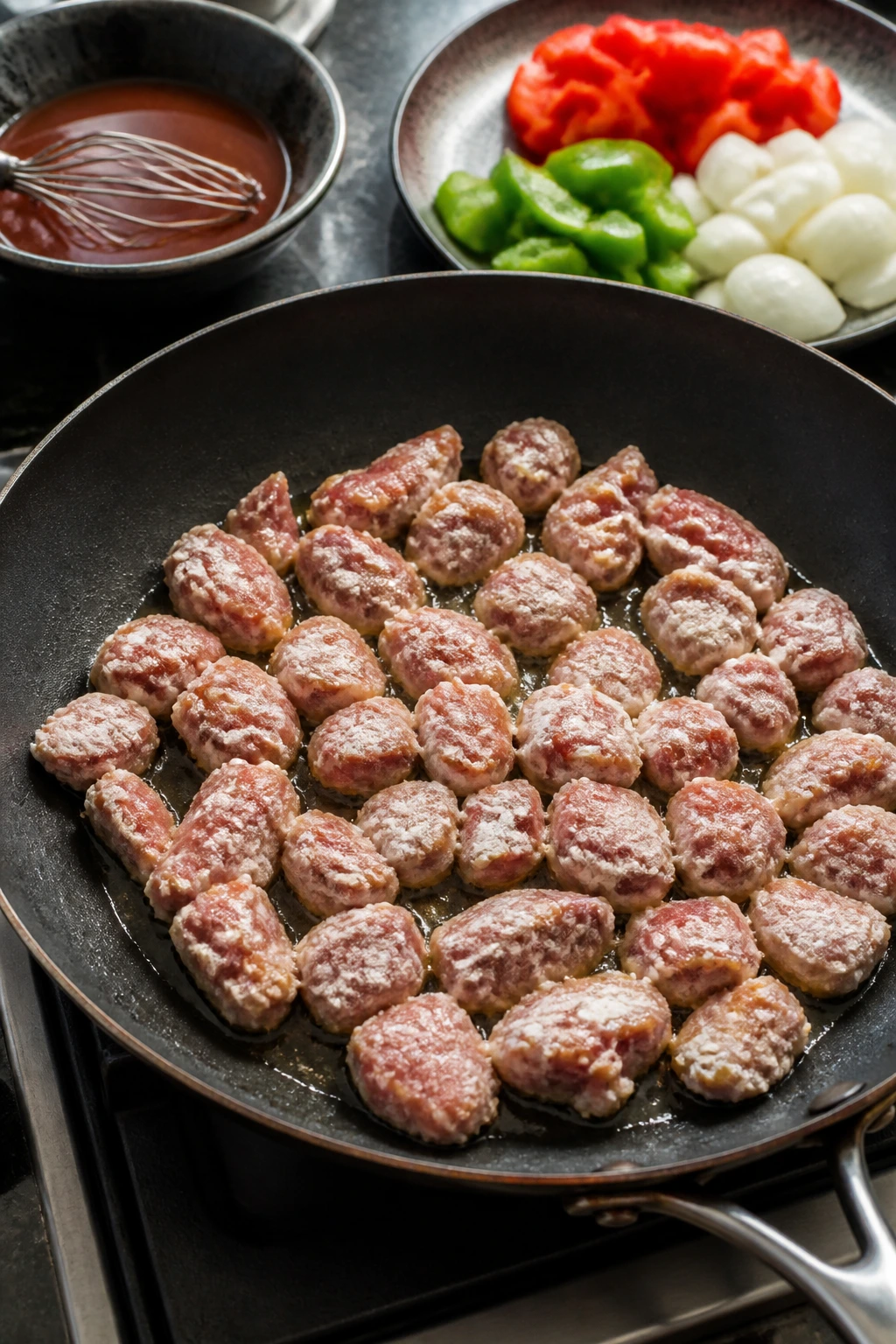Pork cubes in a pan with a light dusty crust starting to cook