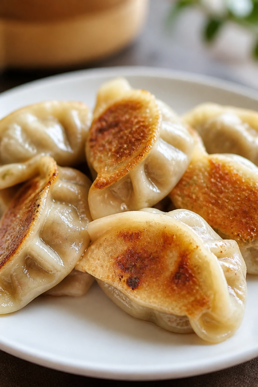 Close-up of juicy pork dumplings with golden bottoms on a plate