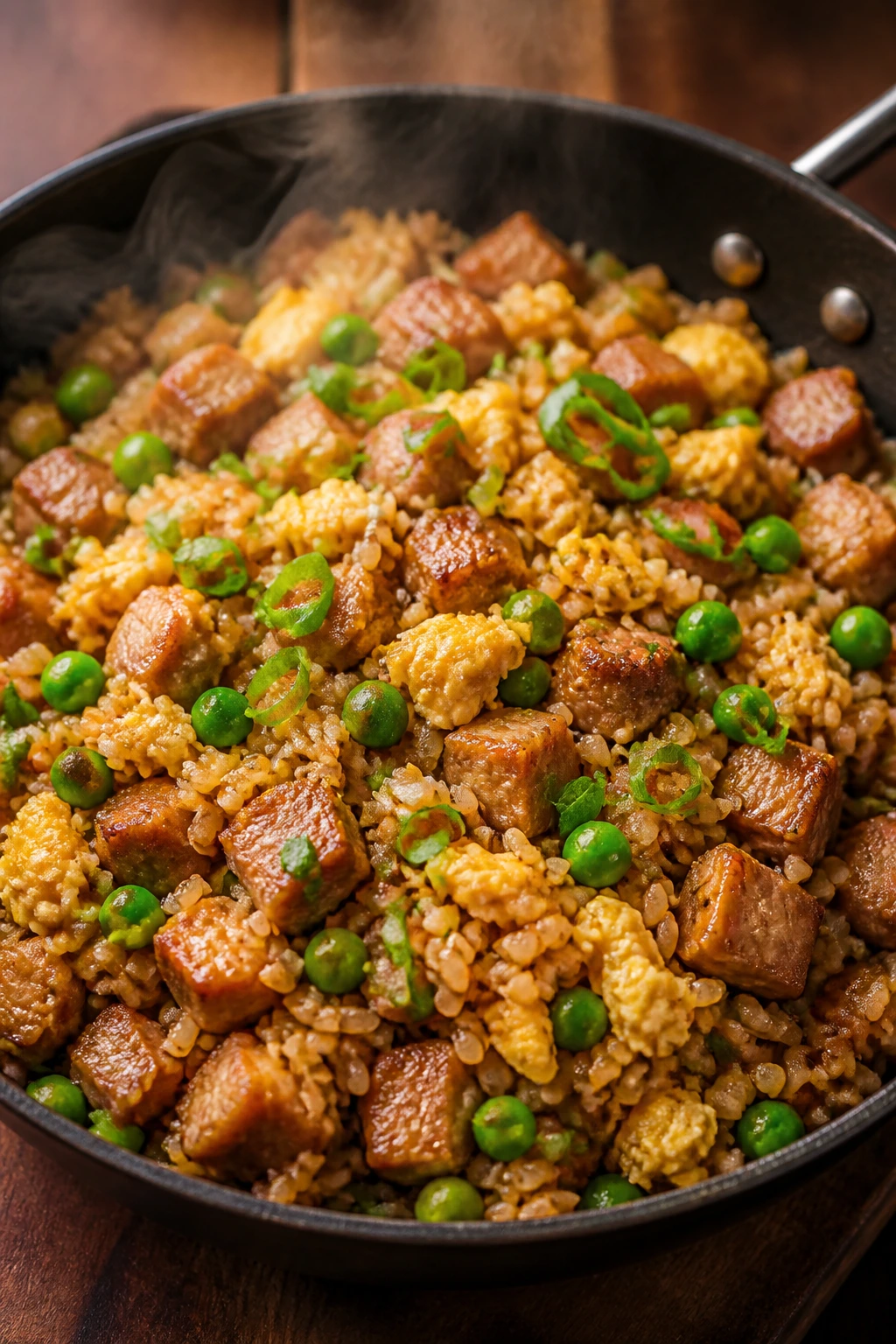 Close-up of pork fried rice with pork pieces and vegetables