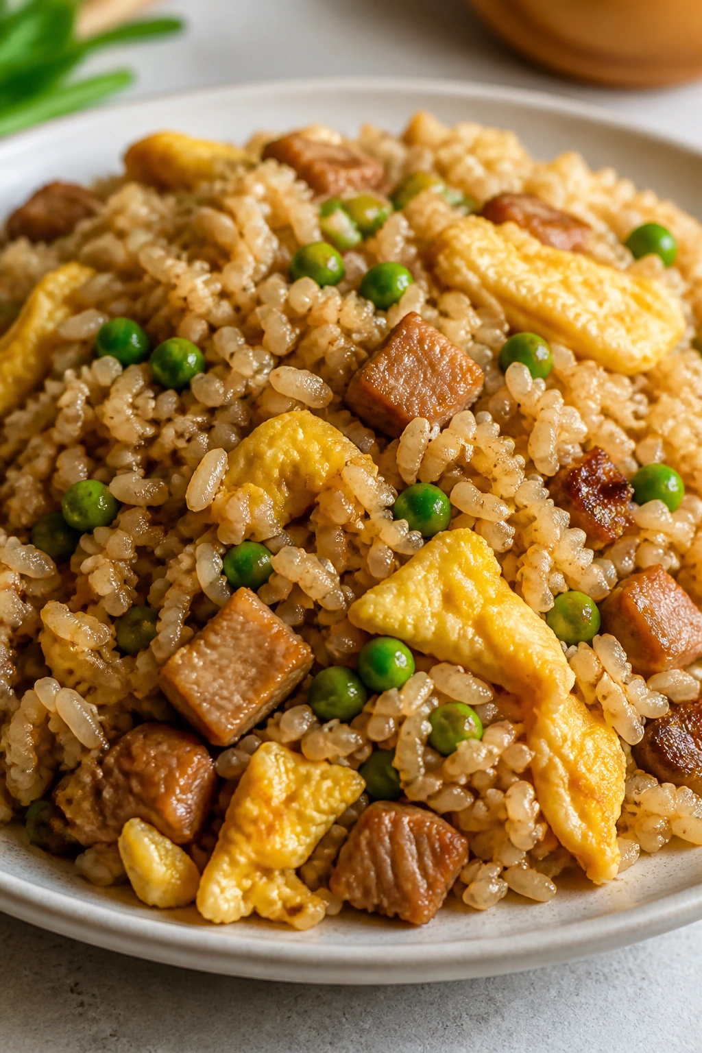 Fluffy fried rice with peas and egg on plate
