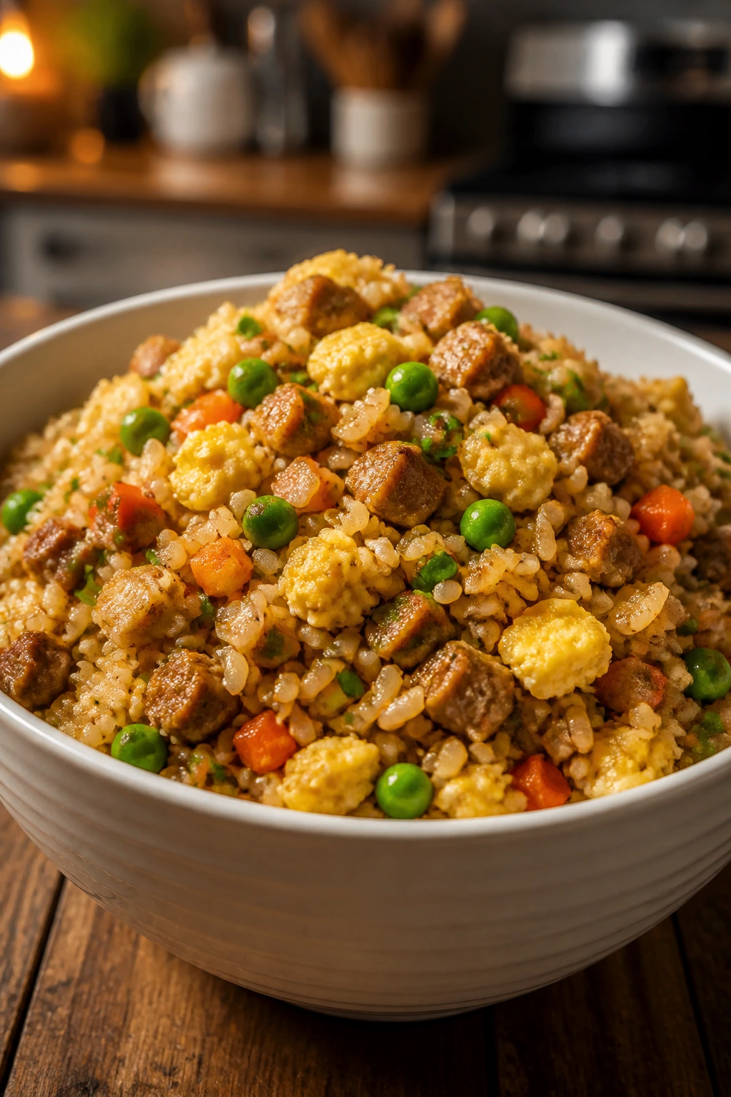 Pork fried rice in a white bowl with peas and carrots