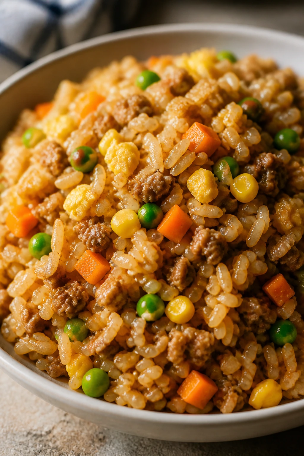 Close-up of pork fried rice with frozen vegetables in a bowl