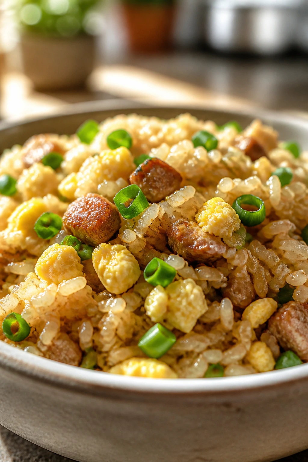 Close-up of pork fried rice with eggs and scallions in a bowl