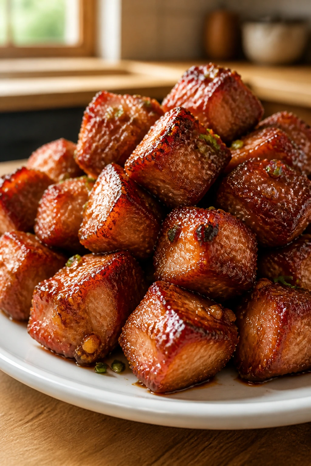 Close-up of brown sugar glazed crispy pork cubes on plate