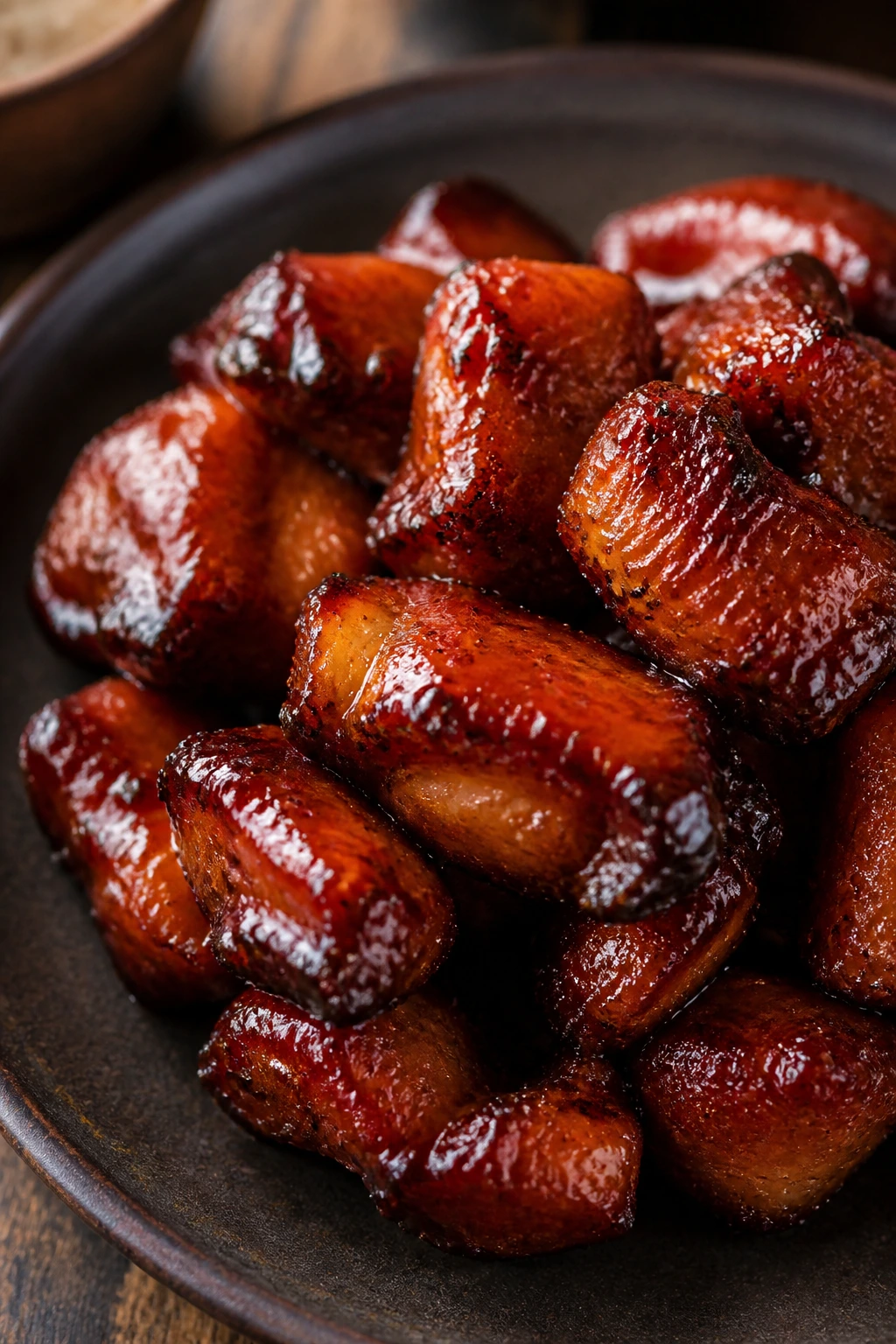 Juicy pork bites with glossy glaze on a dark plate