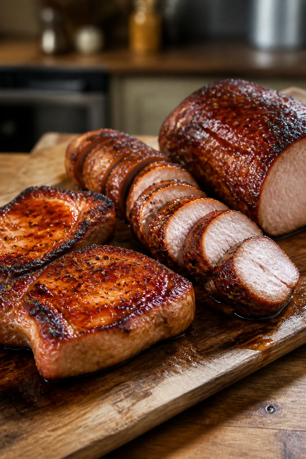 Close-up of glazed pork chops, tenderloin, and roasts on a wooden board