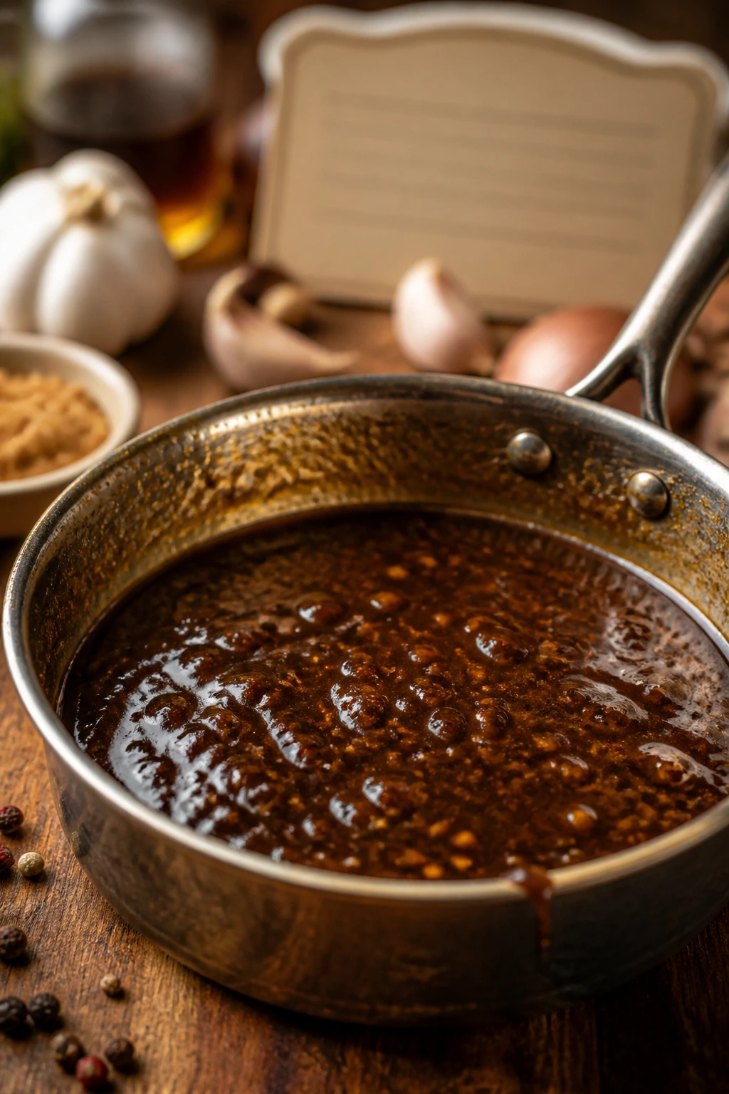 Close-up of glossy glaze in a pan with recipe-card style backdrop