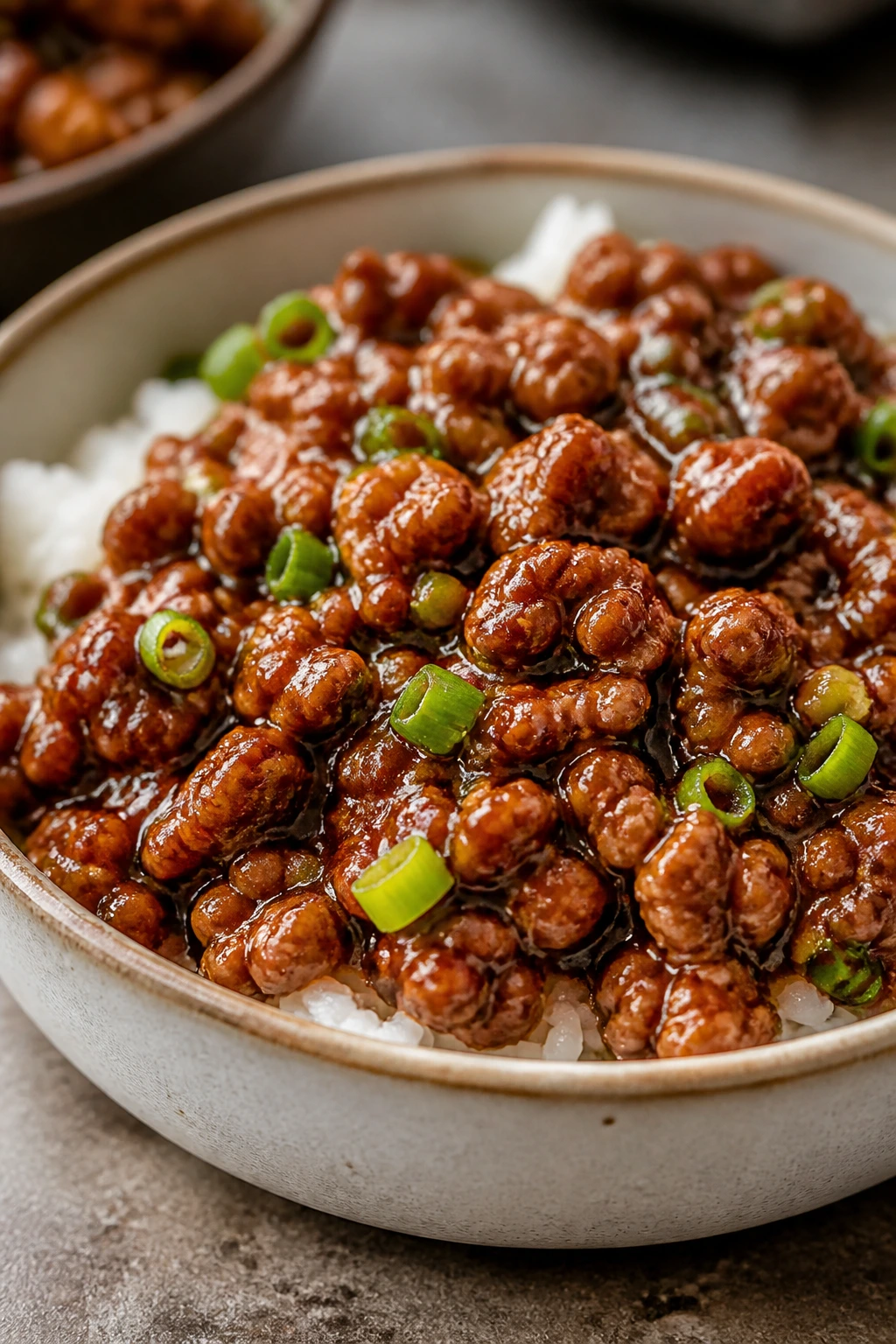 Pork with glossy glaze served in a shallow bowl.