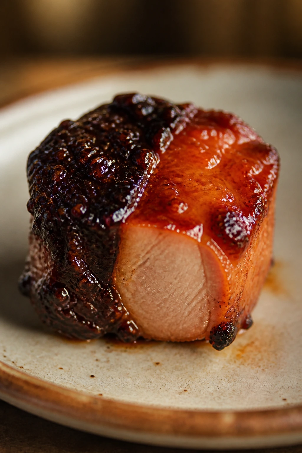 Pork bite with two-tone glaze showcasing variations