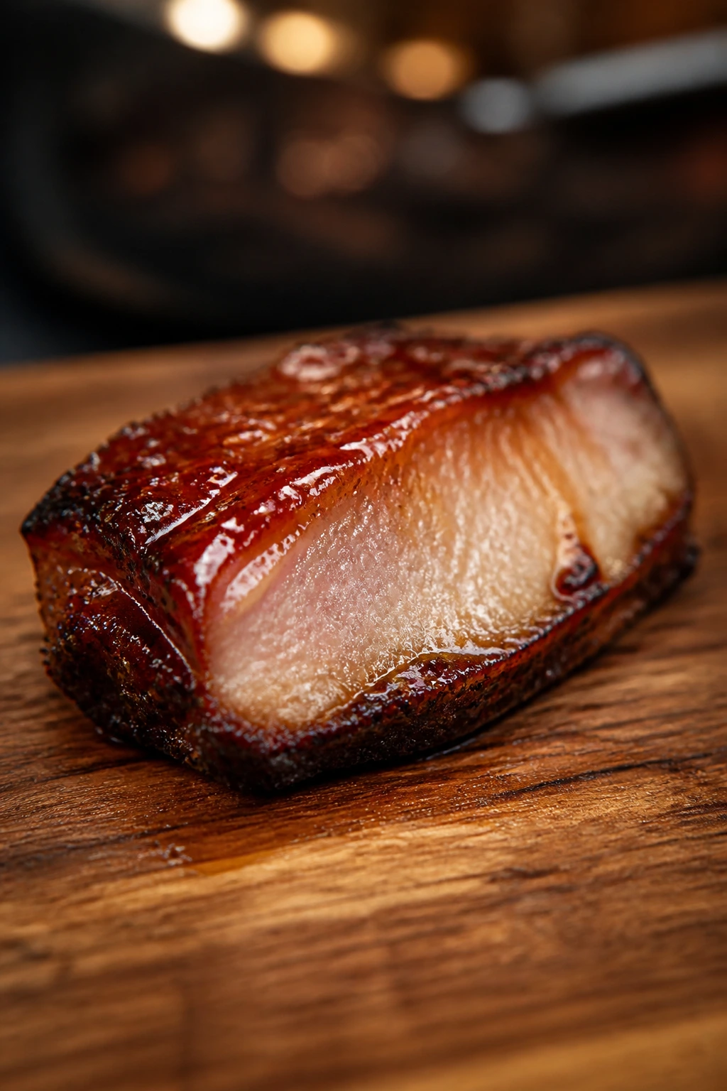 Pork slice with glossy glaze and color variation