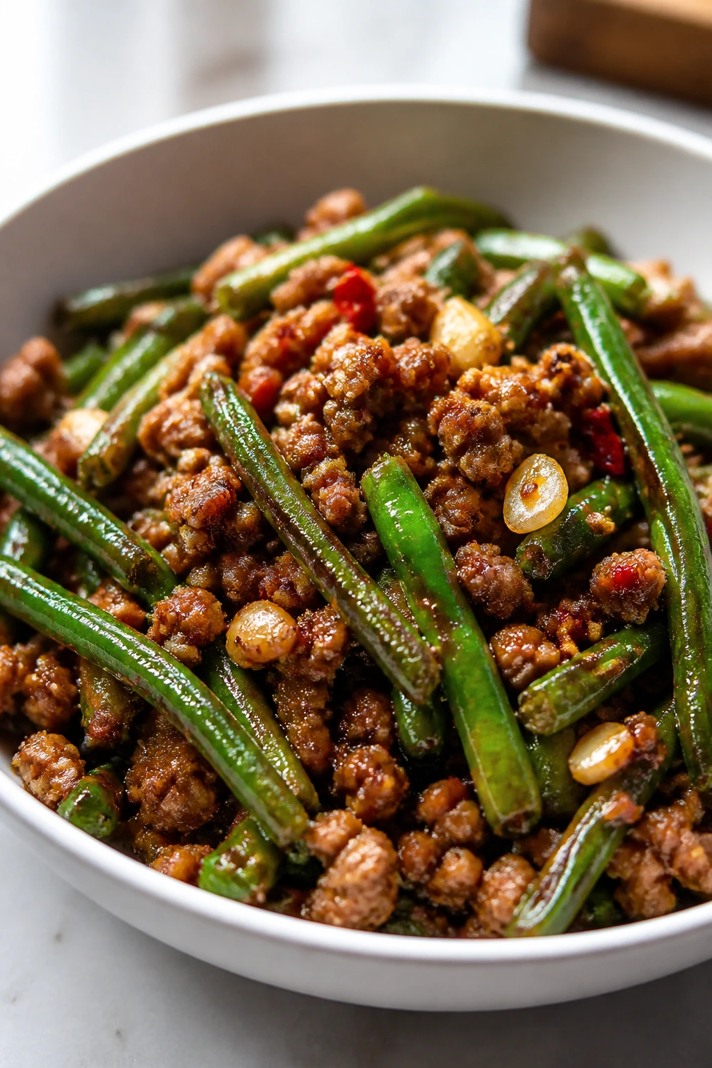 Close-up of Garlic Chili Pork and Green Beans dish