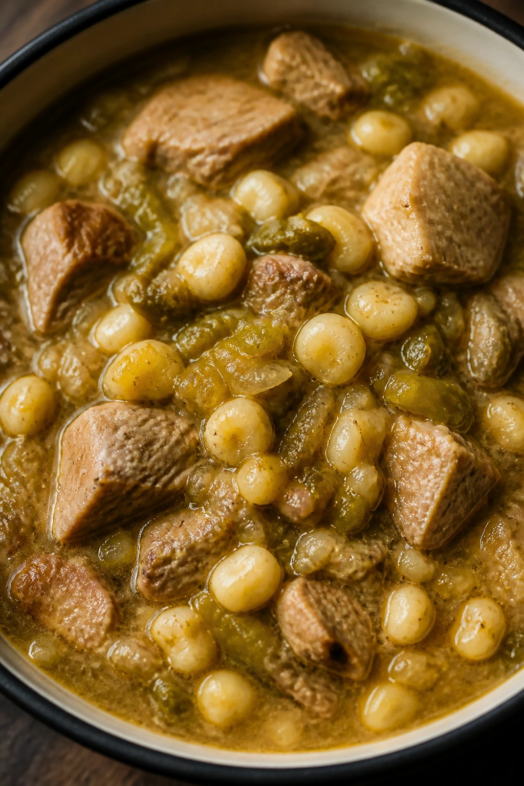Pork green chile and hominy stew in a hearty bowl