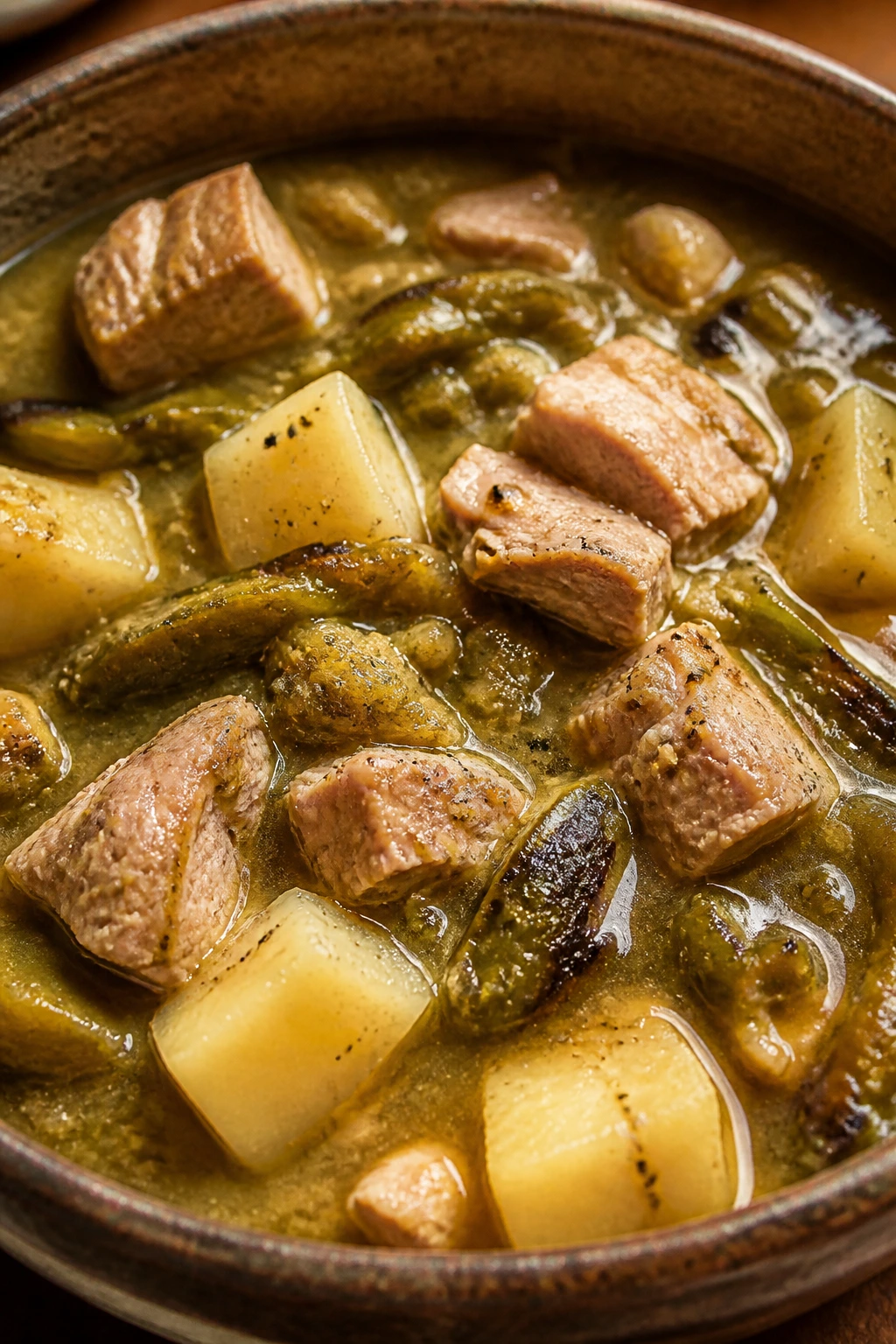Close-up of pork and green chile stew with potatoes in a warm broth