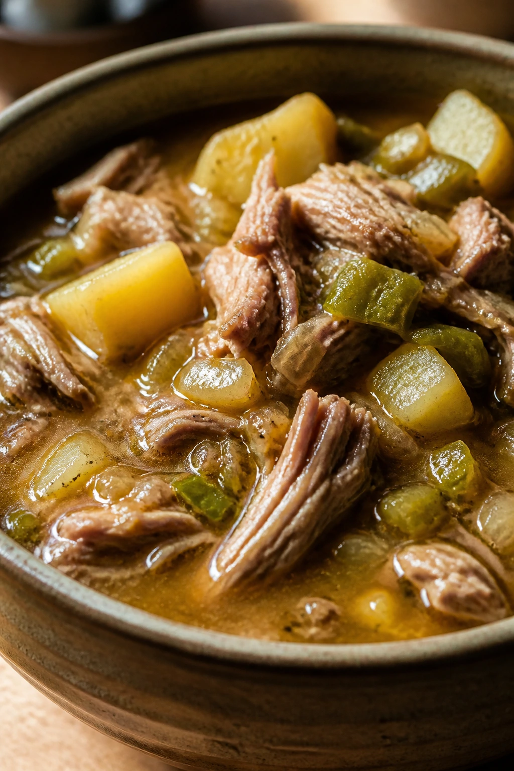 Close-up of pork and green chile stew in a bowl