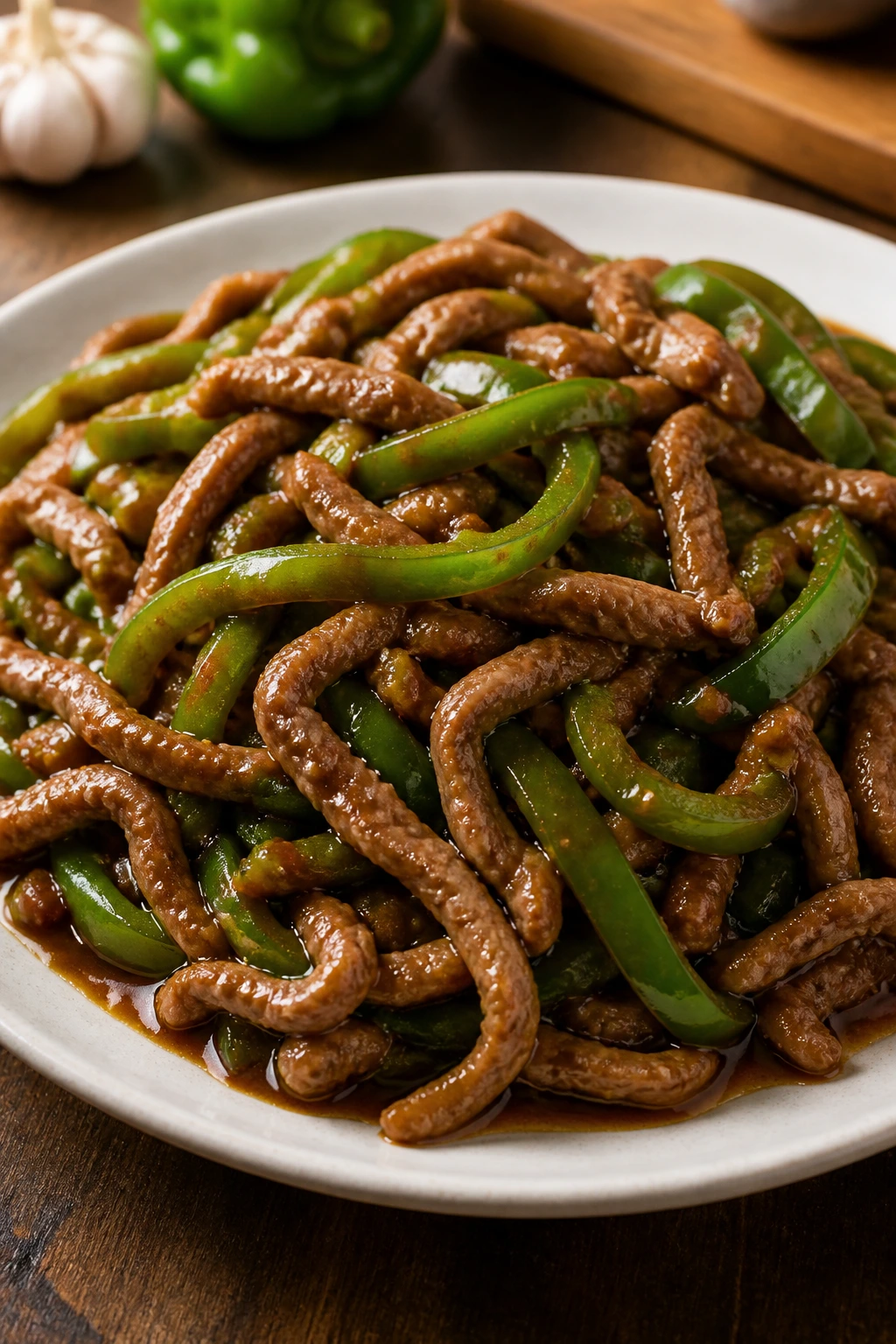 Close-up of Shredded Pork with Green Peppers on plate