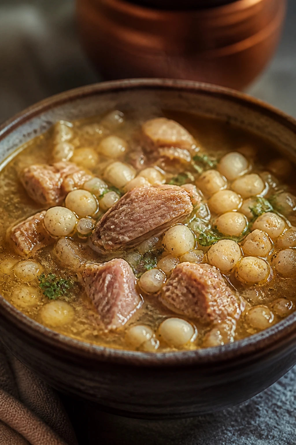 Close-up of pork and hominy soup in a bowl with pork pieces and hominy.