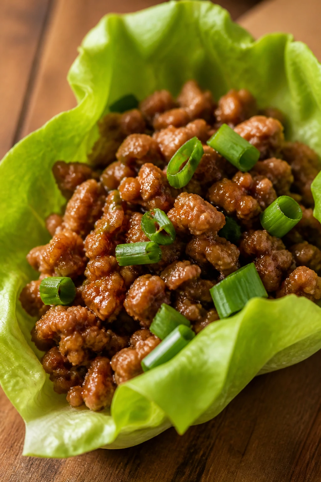 Close-up of a pork lettuce wrap with ground pork filling