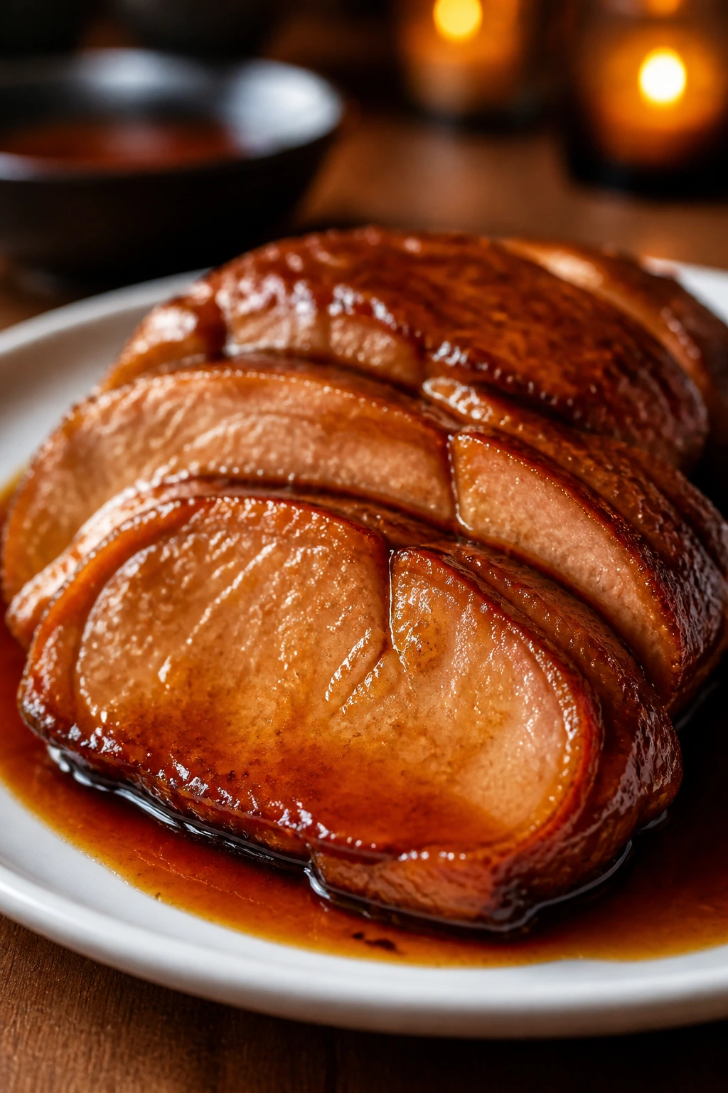 Close-up of pork loin medallions in Cantonese-style glaze