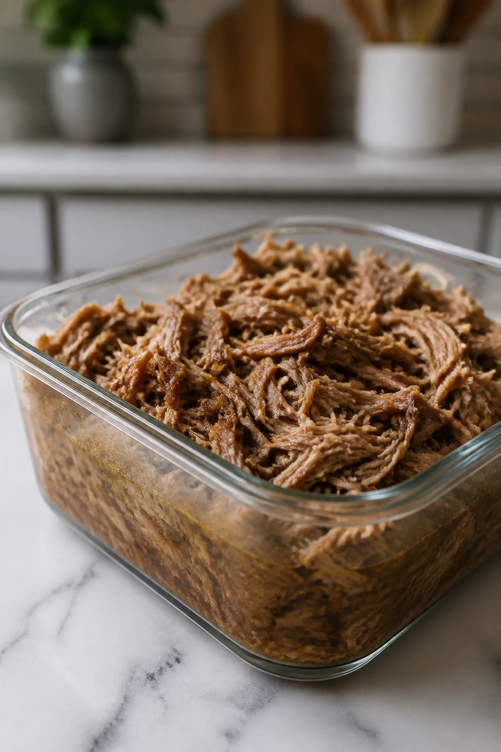 Stored shredded pork in a container ready for make-ahead