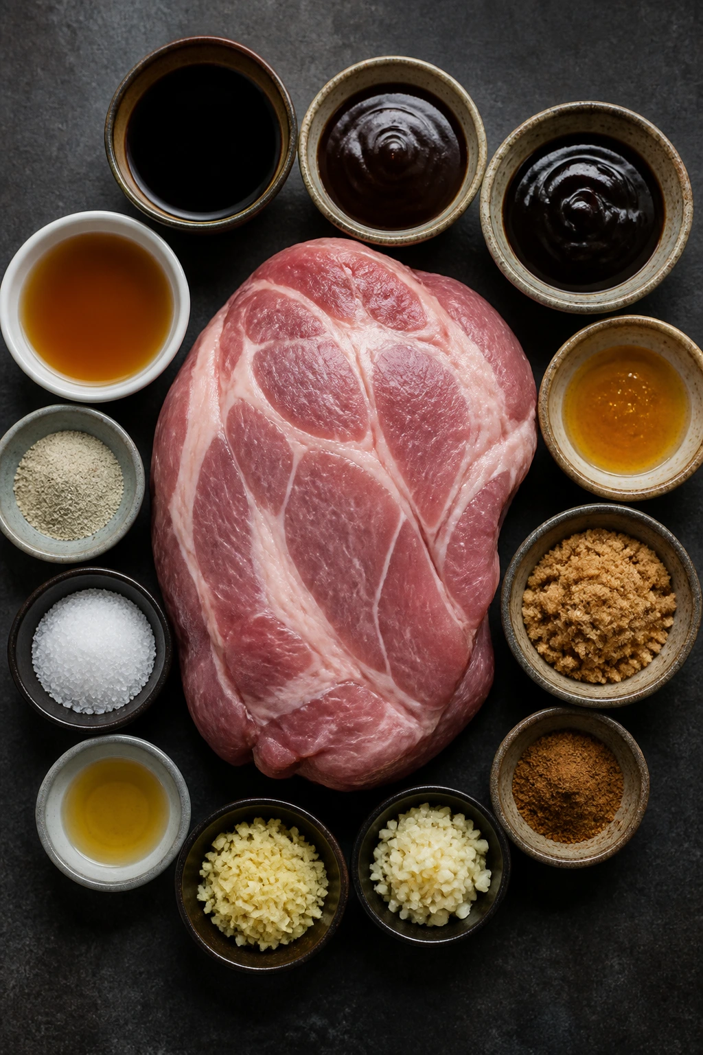 Top-down view of pork shoulder with surrounding marinade ingredients