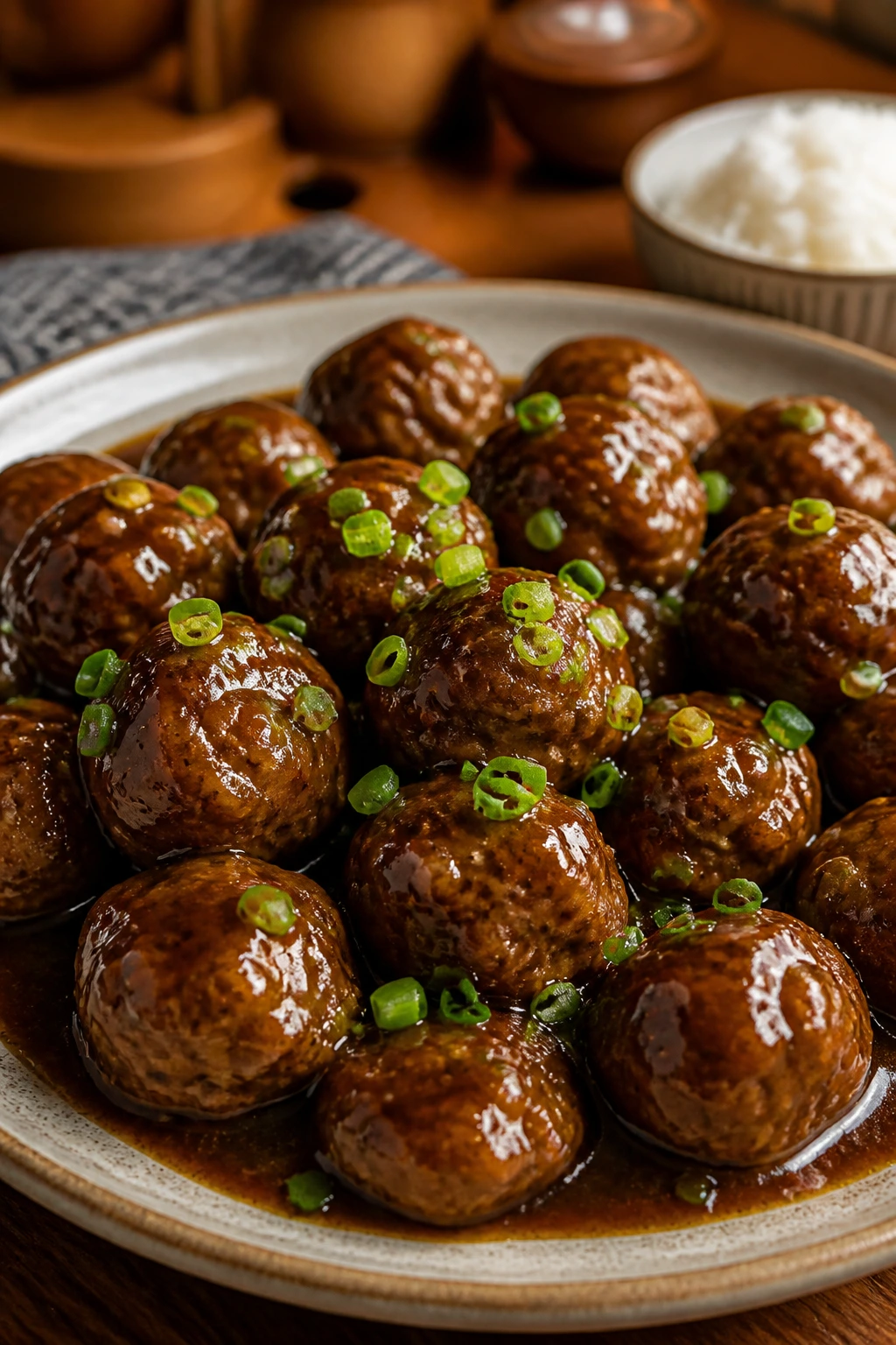 Close-up of Chinese Meatballs in Brown Sauce on a plate