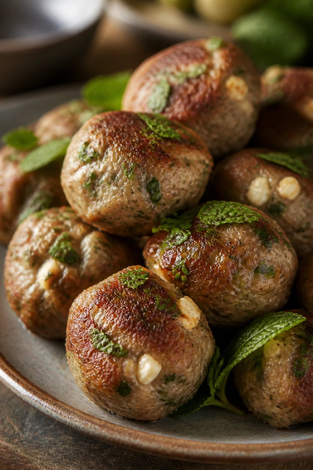 Pork meatballs with feta and mint on plate