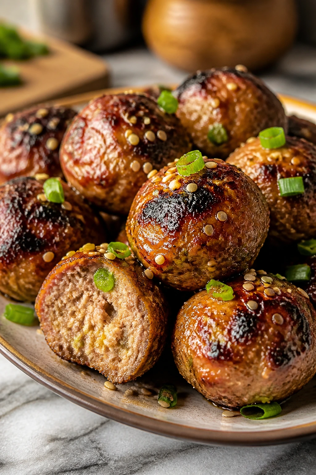 Pork meatballs with sesame glaze on plate in kitchen