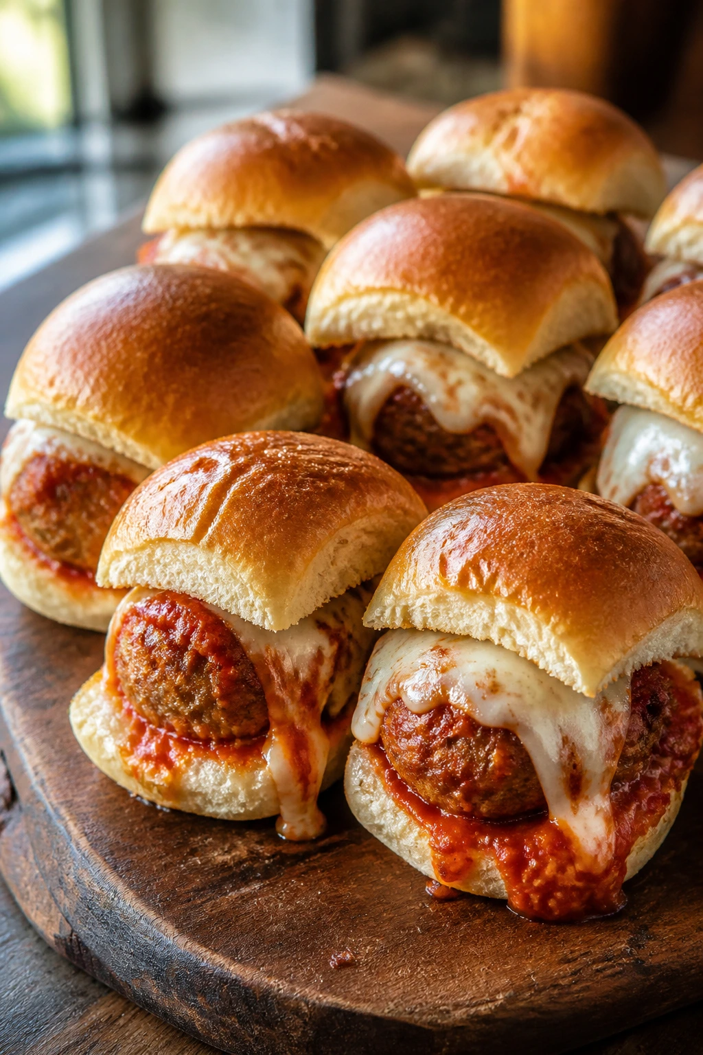 Close-up of pork meatball sliders with marinara and melted mozzarella on a wood board