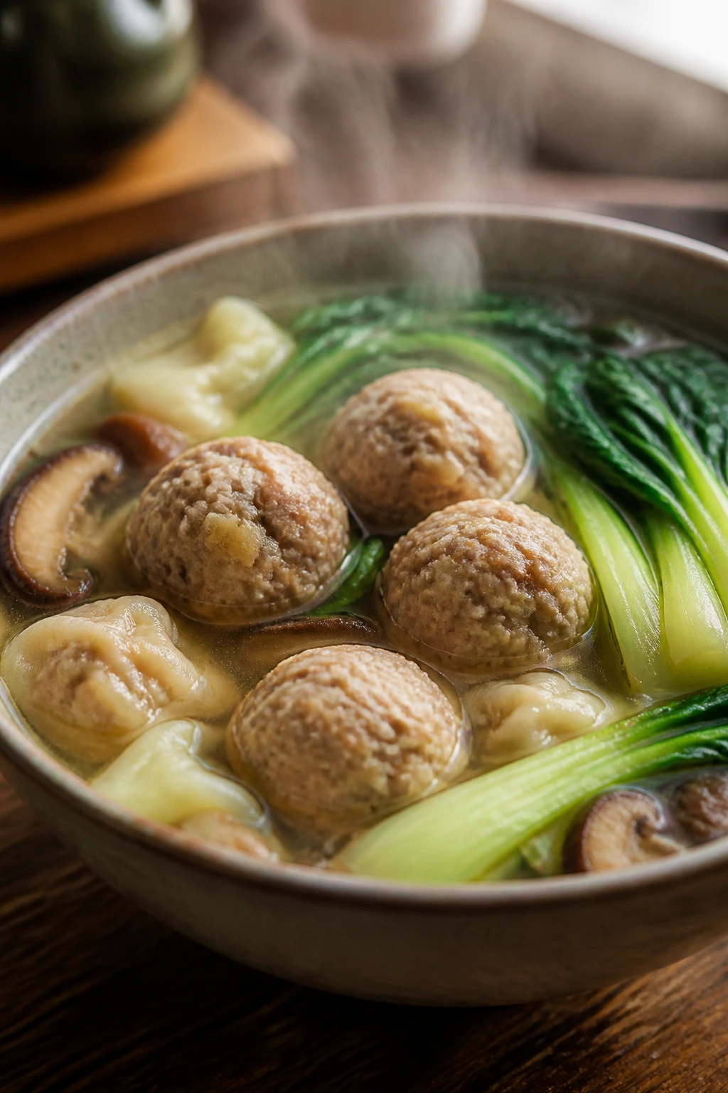 Steaming wonton-style soup with pork meatballs and bok choy in a light broth