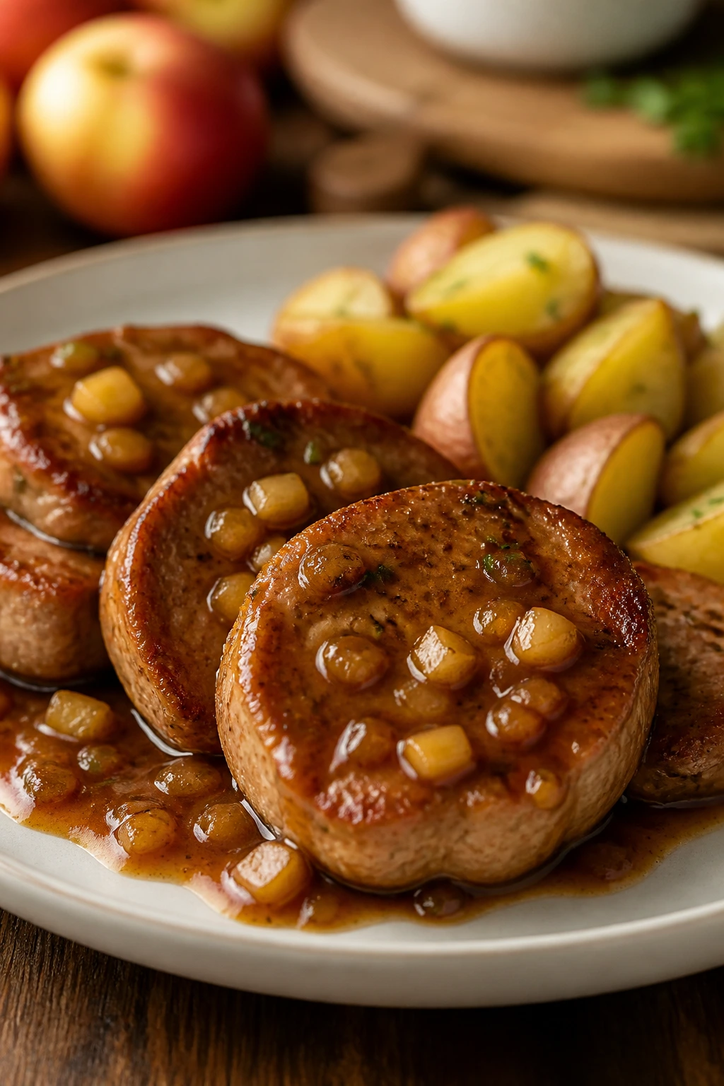 Pork medallions with glossy apple glaze on a plate