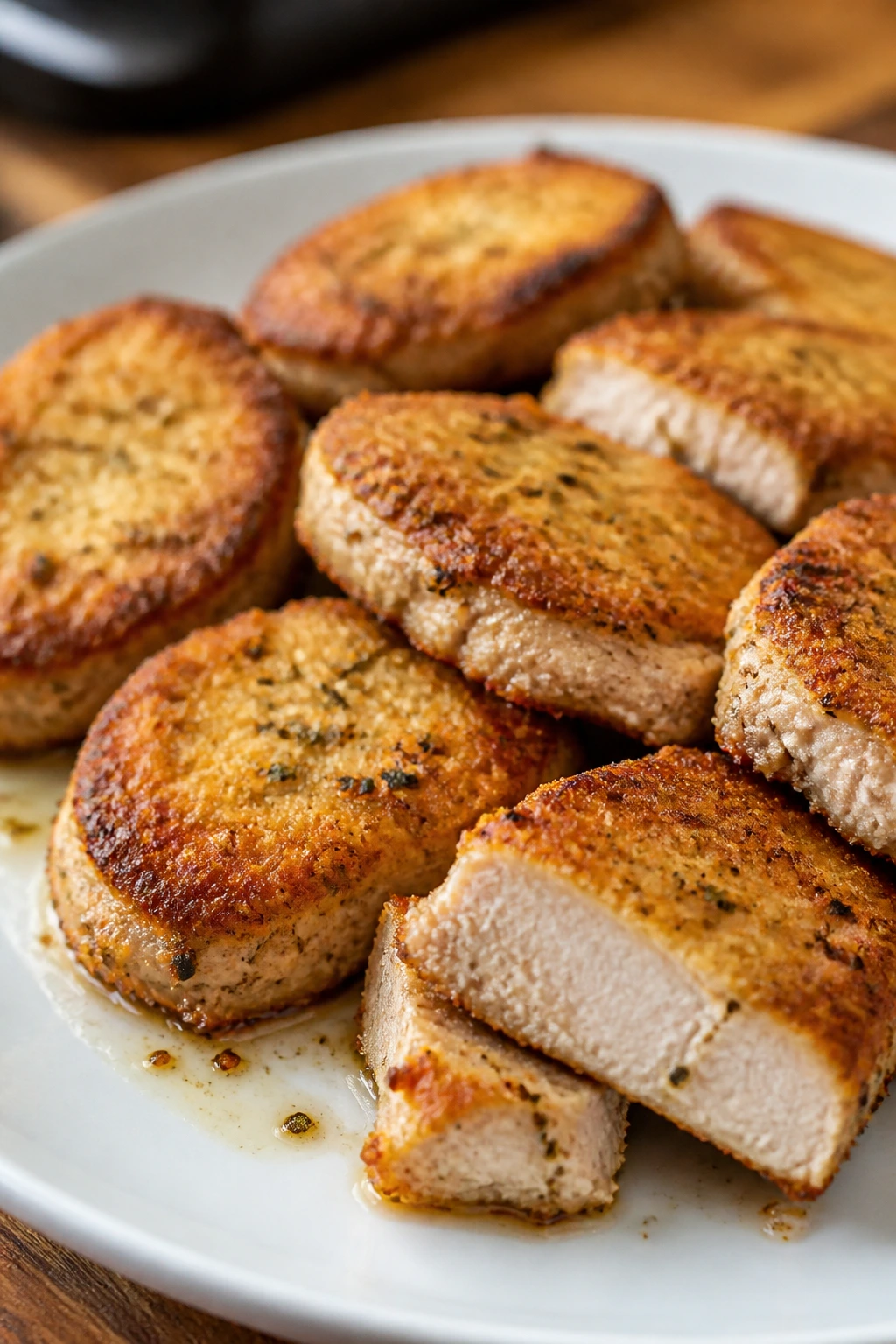 Close-up of parmesan-crusted pork tenderloin medallions on a plate.