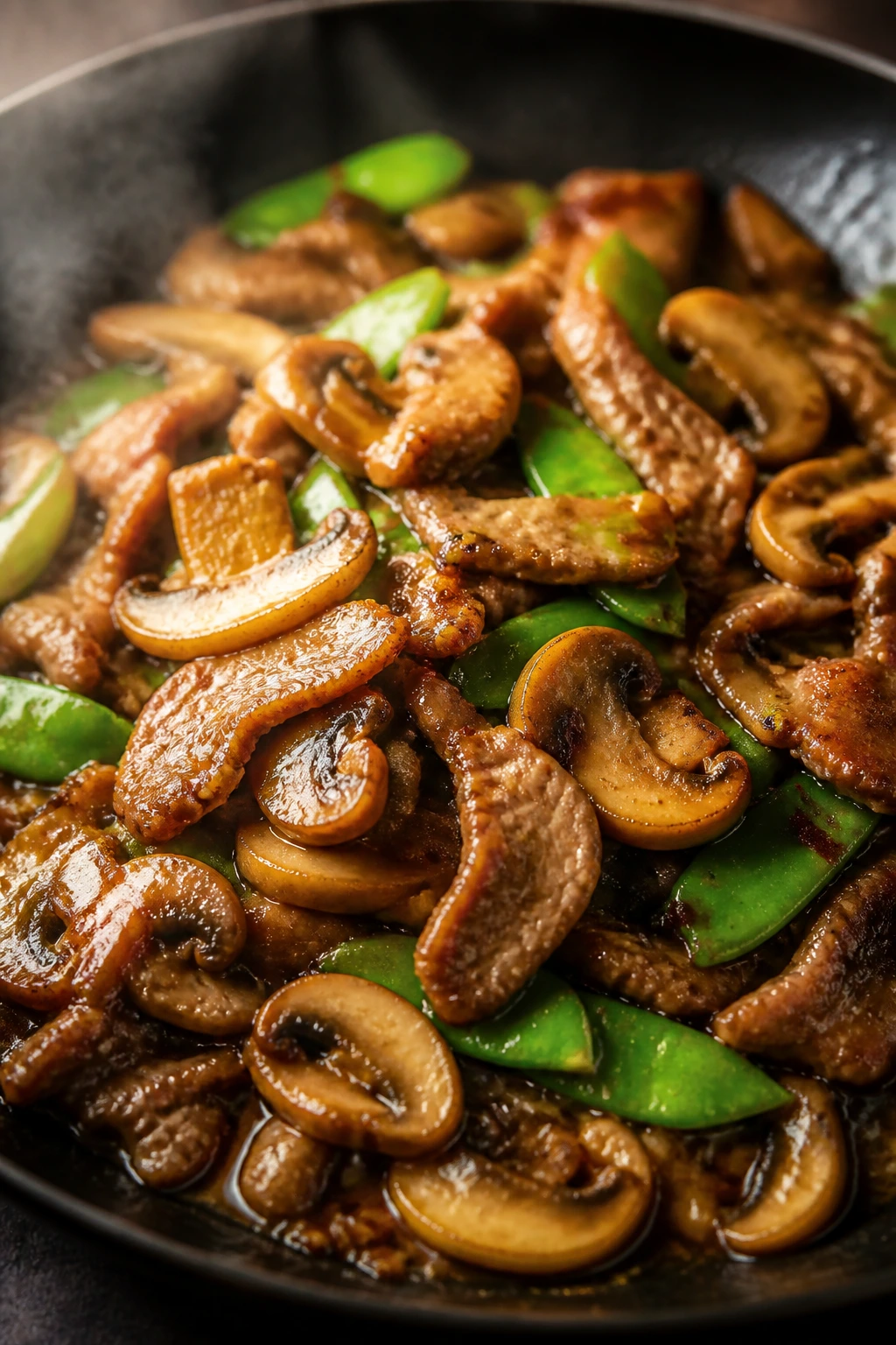 Pork and mushroom stir-fry with glossy sauce