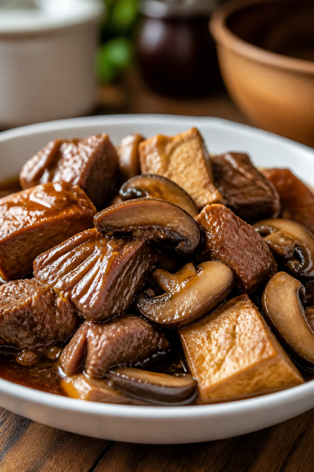 Braised pork shoulder with mushrooms in glossy sauce