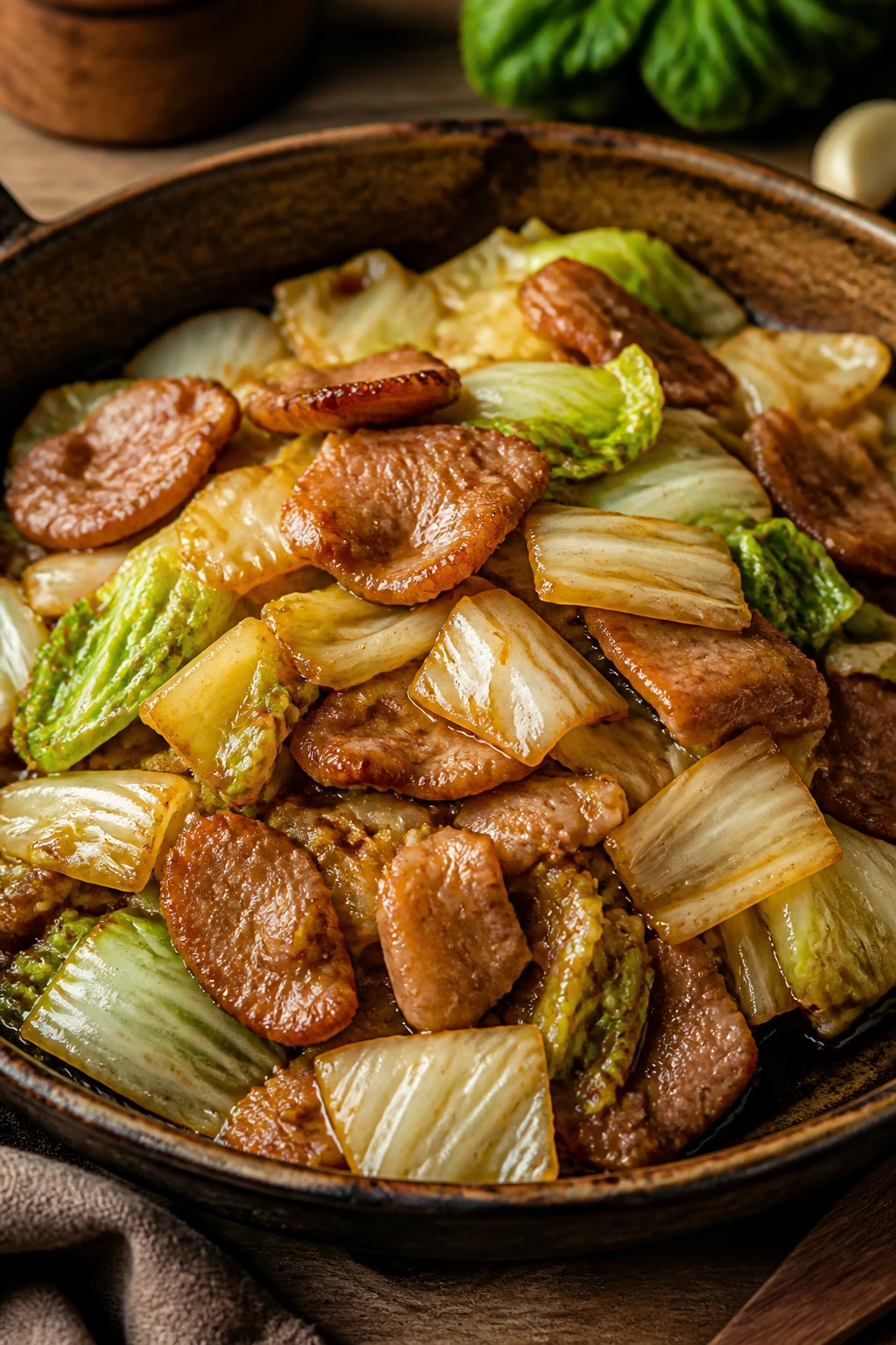 Close-up of pork and napa cabbage stir-fry in glossy sauce