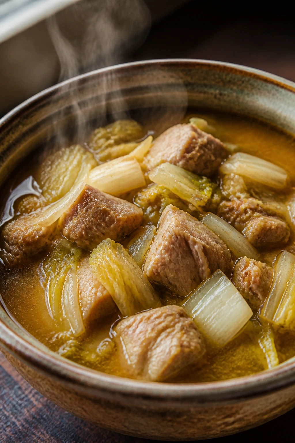 Close-up of pork and napa cabbage stew in rustic bowl with steam