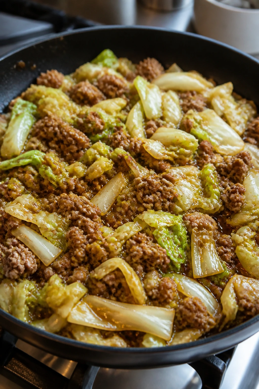 Pork and napa cabbage stir-fry in a skillet