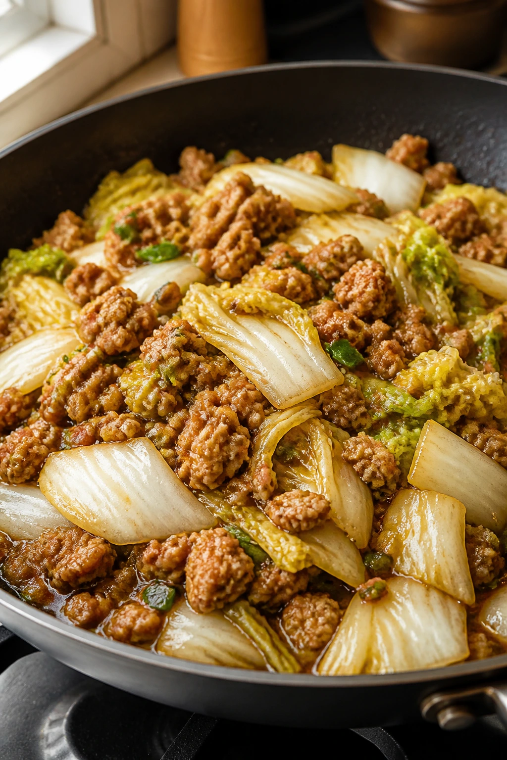 Ground pork with napa cabbage in savory pan sauce