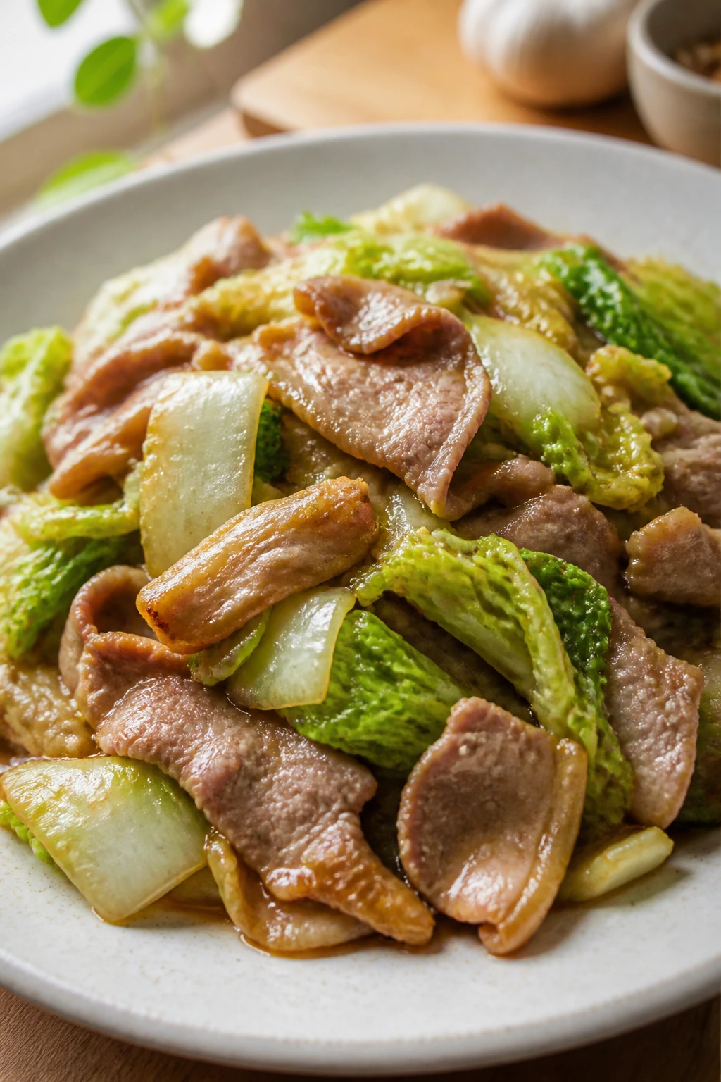 Close-up of Pork and Napa Cabbage Stir-Fry with pork and napa cabbage on plate