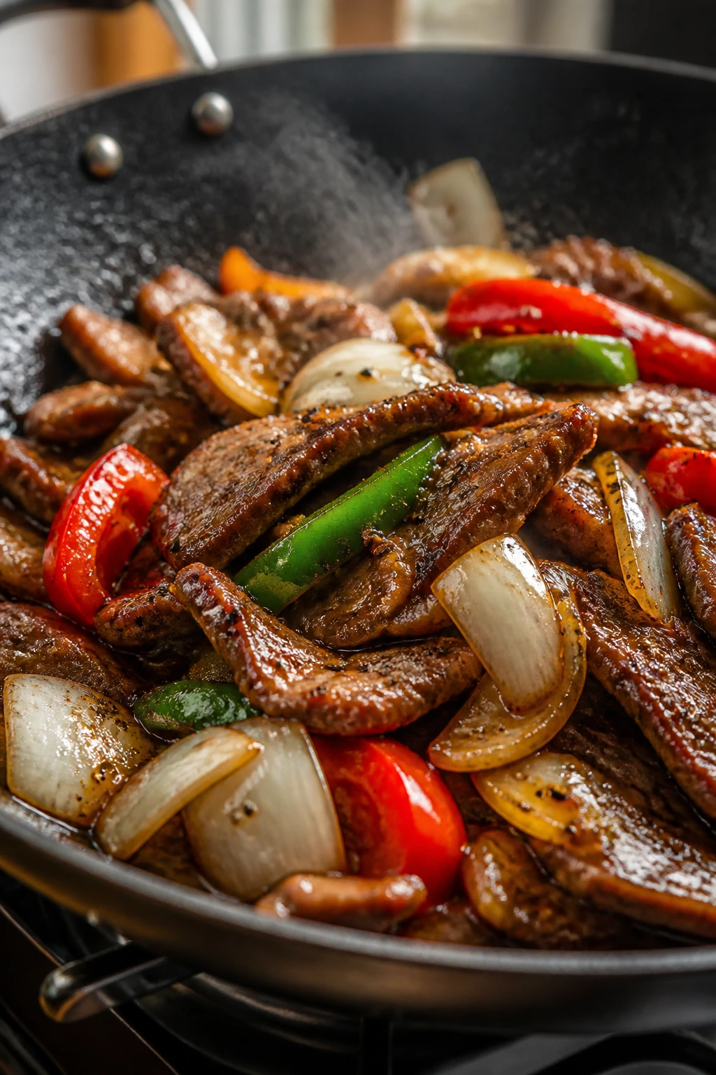 Close-up of black pepper pork with onions in a glossy wok glaze