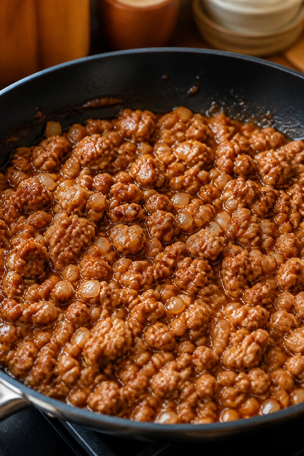 Skillet with ground pork, onions, and garlic in glaze.