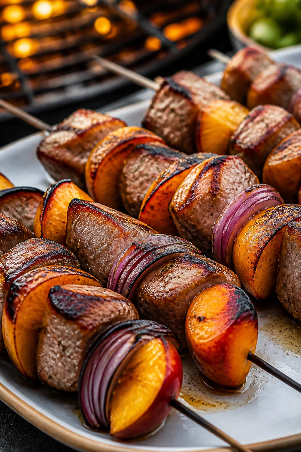 Close-up of pork tenderloin and peach skewers on a grill