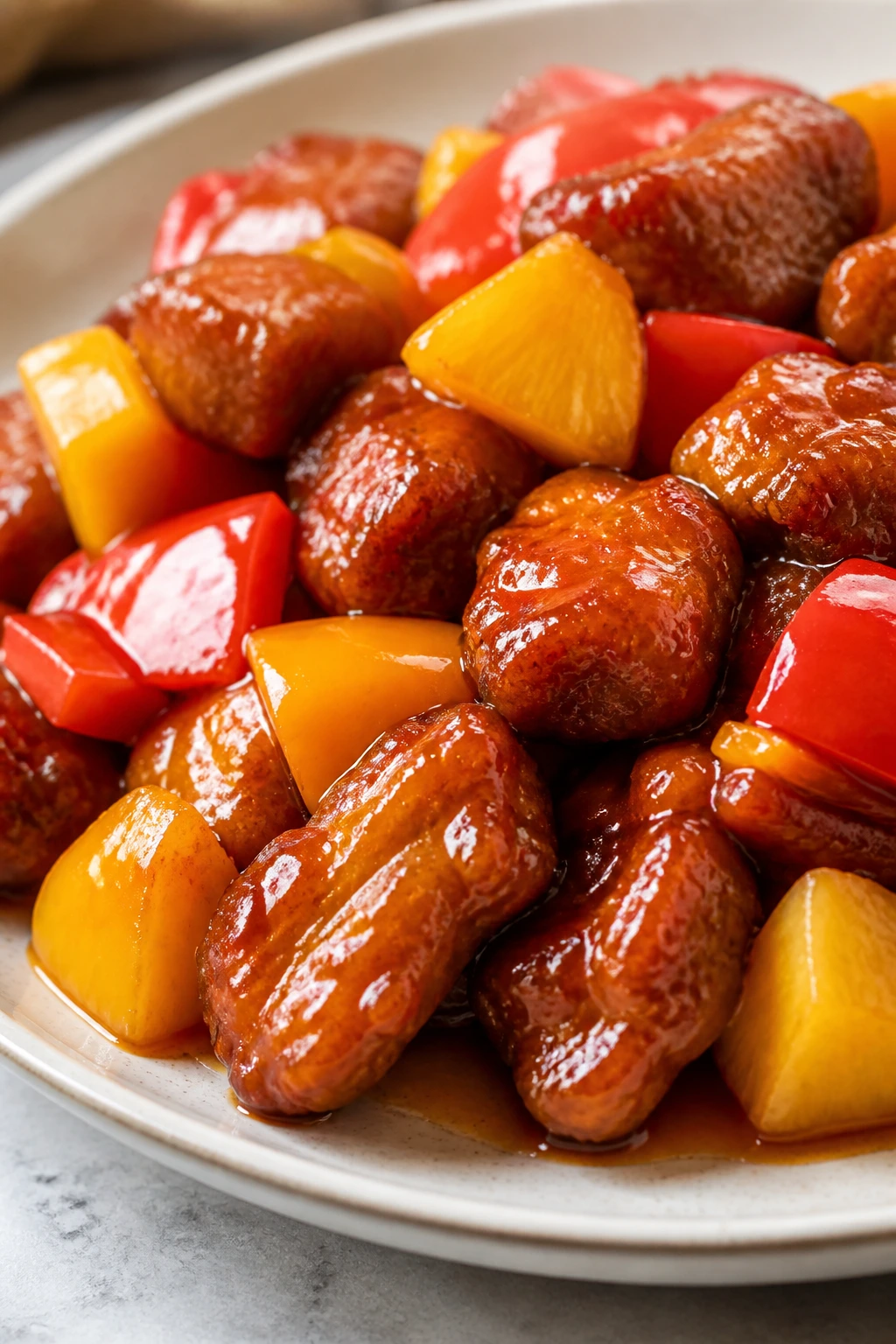 Glossy sweet and sour pork with pineapple and peppers