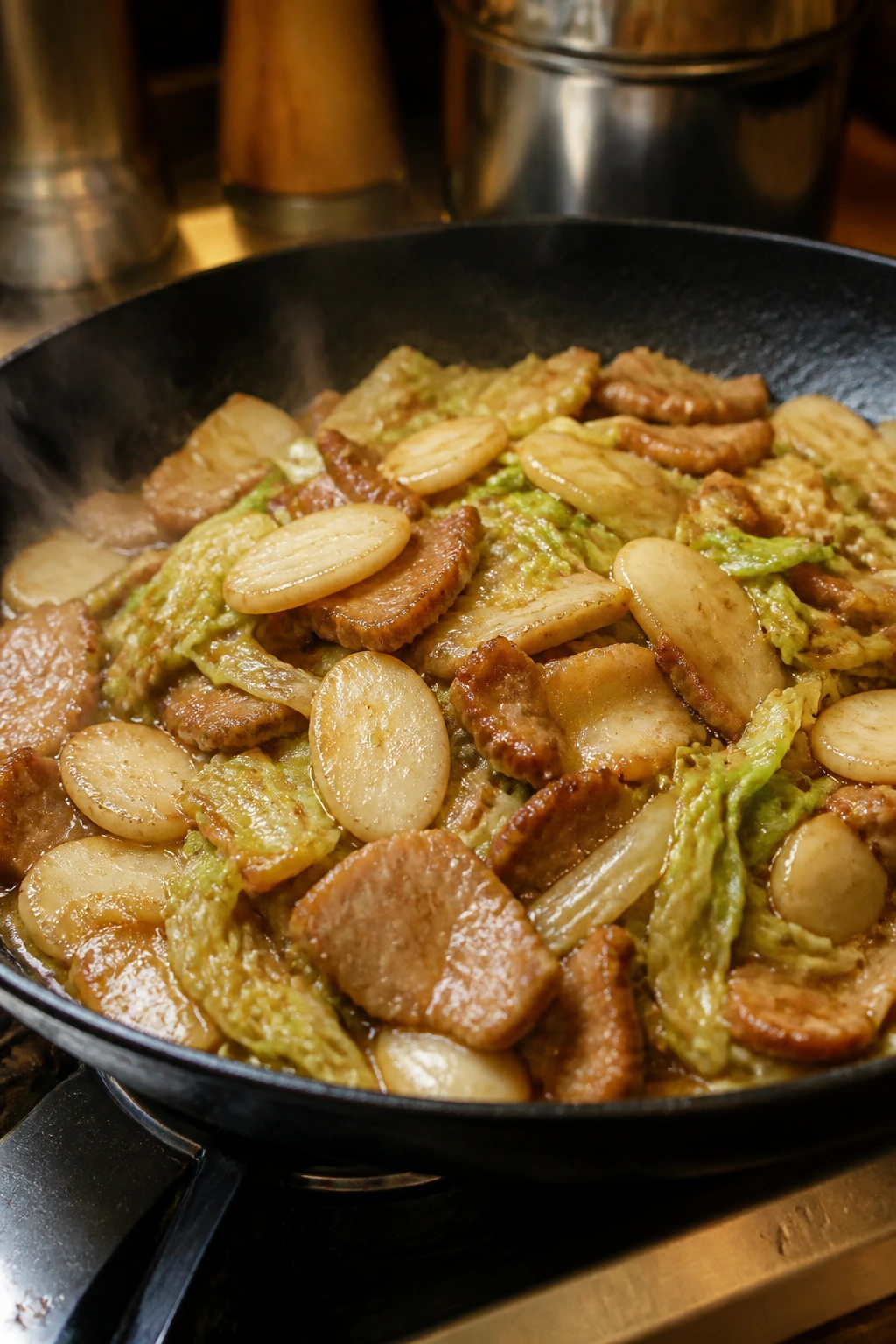 Close-up of Shanghai pork and rice cakes with cabbage