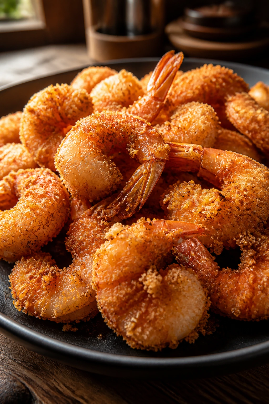 Close-up of crispy pork rind crusted shrimp on a plate