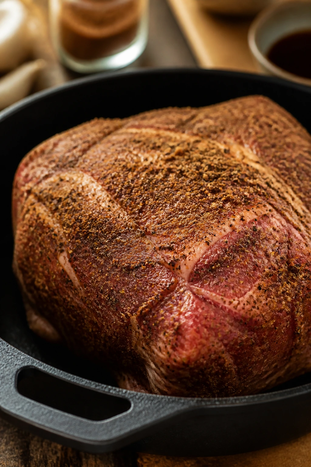 Pork shoulder rubbed with brown sugar and spices in a pan