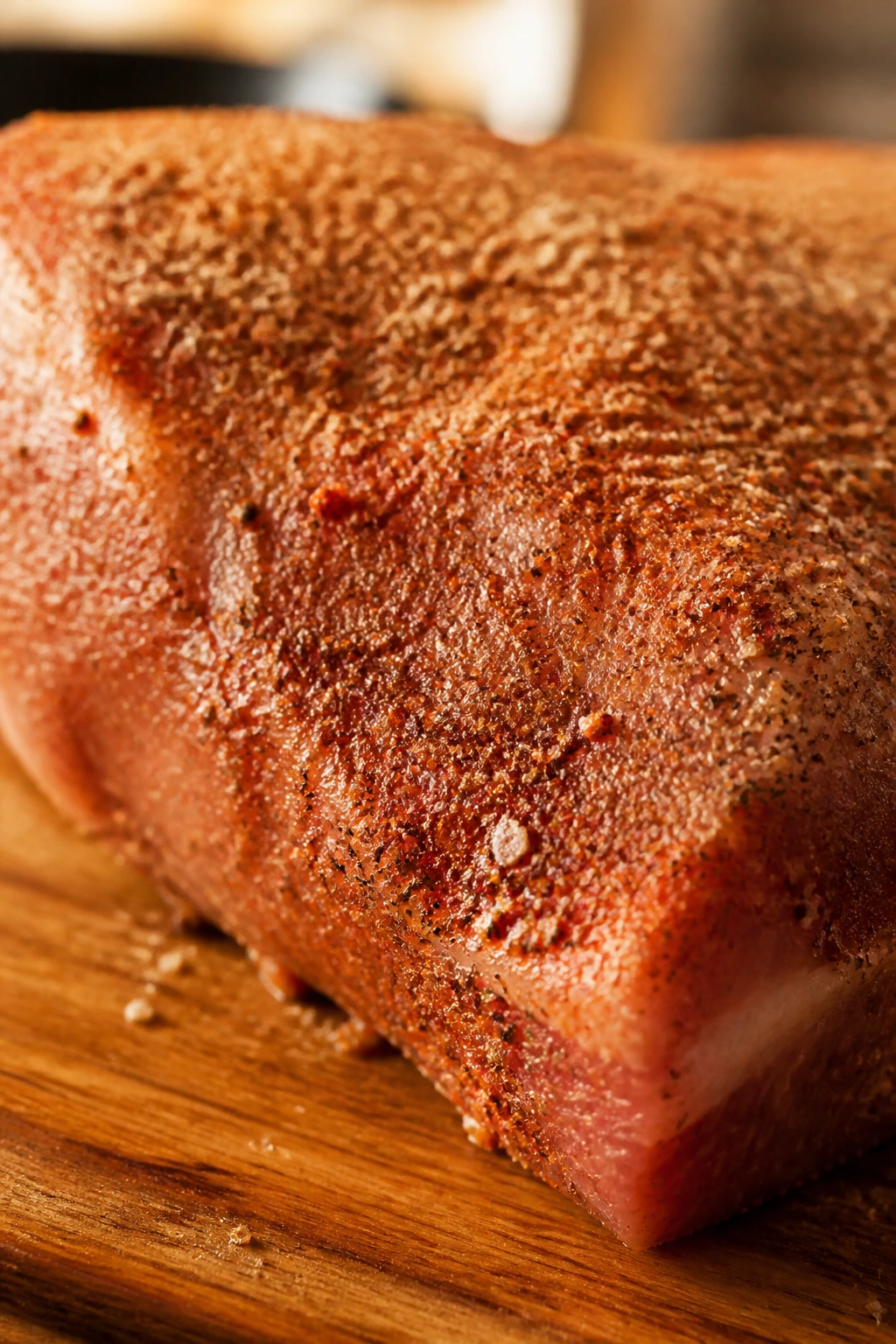 Pork piece with visible dry rub on surface