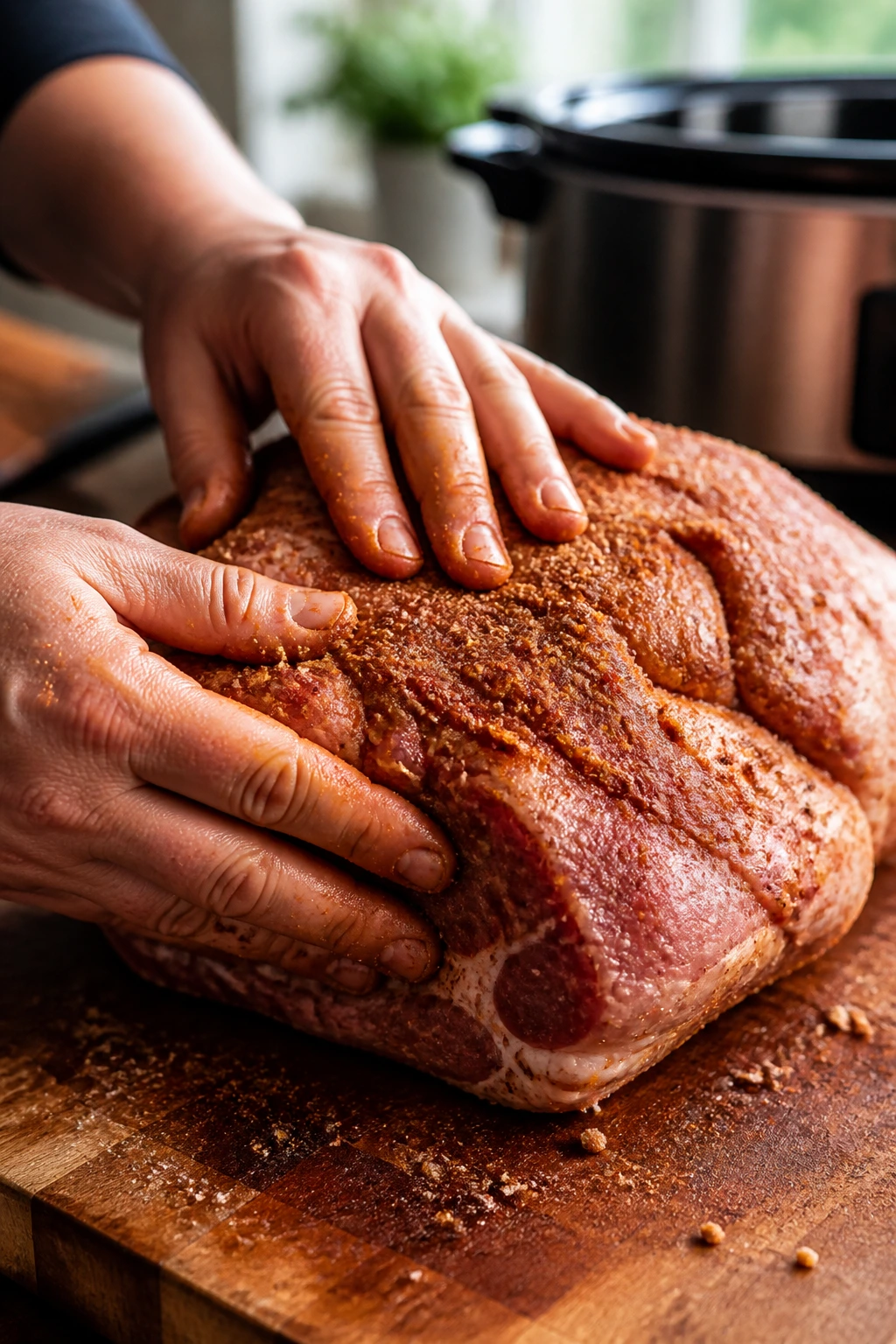 Close-up of rubbed pork shoulder ready for slow cooking