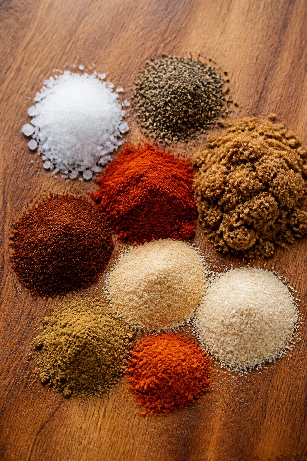 Top-down view of dry rub ingredients for pork